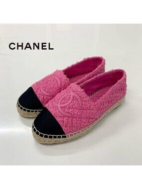 Chanel CC Logo Espadrilles Tweed Leather Flat Shoes Pink